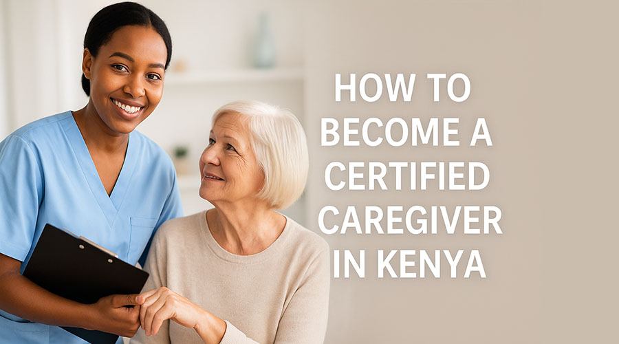 young African caregiver woman holding a white elderly woman hand. How to become a caregiver in kenya.