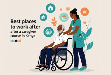 2D illustration of a female caregiver pushing an elderly man on a wheelchair. Best places to work after a caregiver course in Kenya.