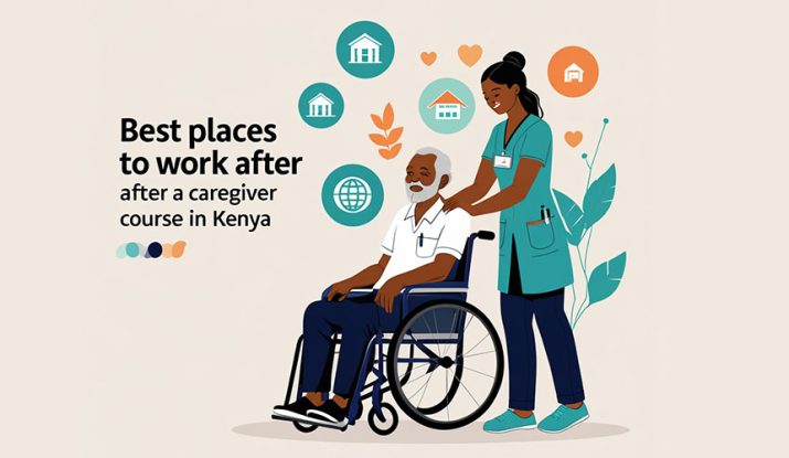 2D illustration of a female caregiver pushing an elderly man on a wheelchair. Best places to work after a caregiver course in Kenya.