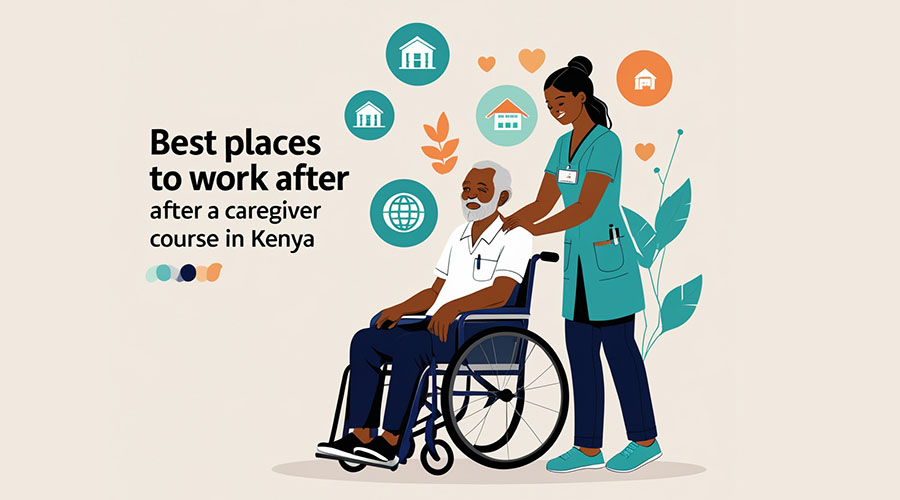 2D illustration of a female caregiver pushing an elderly man on a wheelchair. Best places to work after a caregiver course in Kenya.