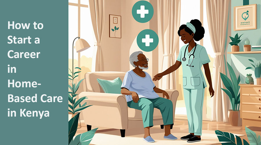 2d illustration of a caregier taking care of an elderly woman at home. how to start home based care in kenya.