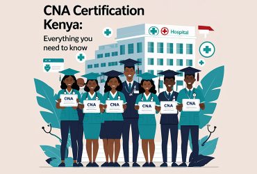 CNA certification in kenya featured image showing medical student with CNA certification with a hospital background.
