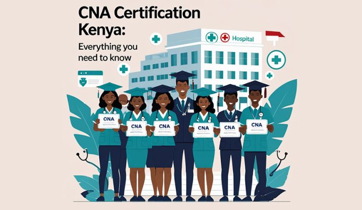 CNA certification in kenya featured image showing medical student with CNA certification with a hospital background.