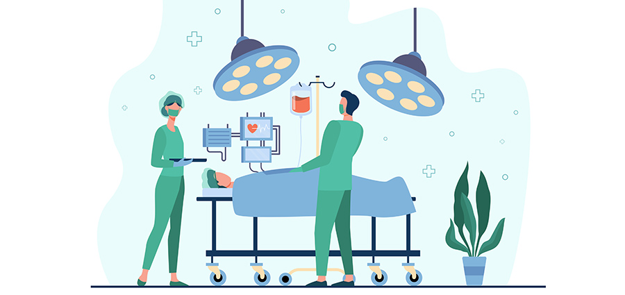 Professional-theatre-sterile-assistant-with-surgeons-surrounding-patient-on-operation-table. vector illustration. 