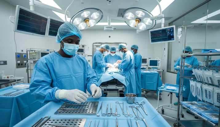 African-theatre-sterile-assistant-arranging-operating-instruments-during-a-surgery.-Theatre-Sterile-Assistant-career-path-in-Kenya