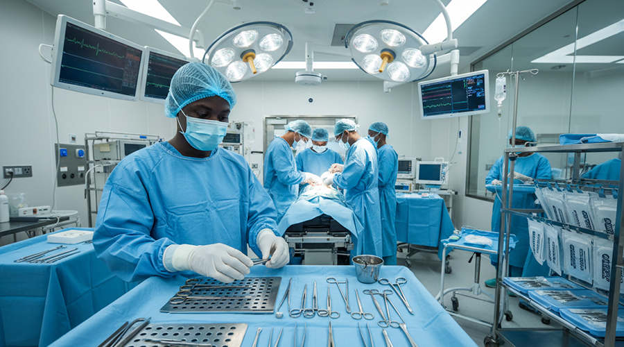 African-theatre-sterile-assistant-arranging-operating-instruments-during-a-surgery.-Theatre-Sterile-Assistant-career-path-in-Kenya