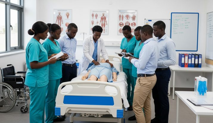 An instructor demonstrates to a group of kcse graduates on how to handle patients during caregiver training session. caregiver training for KCSE graduates Kenya.
