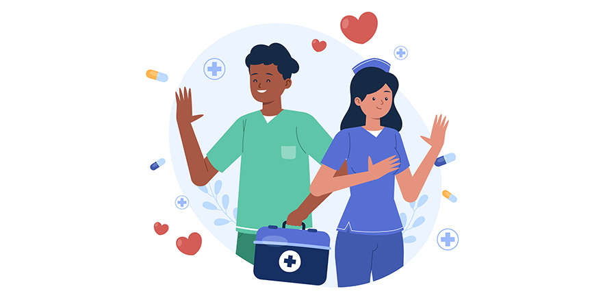 a vector illustrating professional caregivers in the background. An instructor demonstrates to a group of kcse graduates on how to handle patients during caregiver training session. caregiver training for KCSE graduates Kenya.