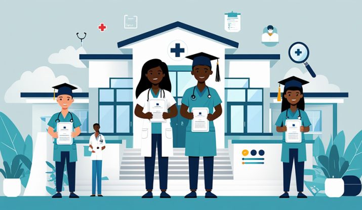 An-illustration-of-short-medical-course-graduates-standing-infront-of-medical-training-facility-holding-certificates.health-courses-without-a-degree-in-Kenya