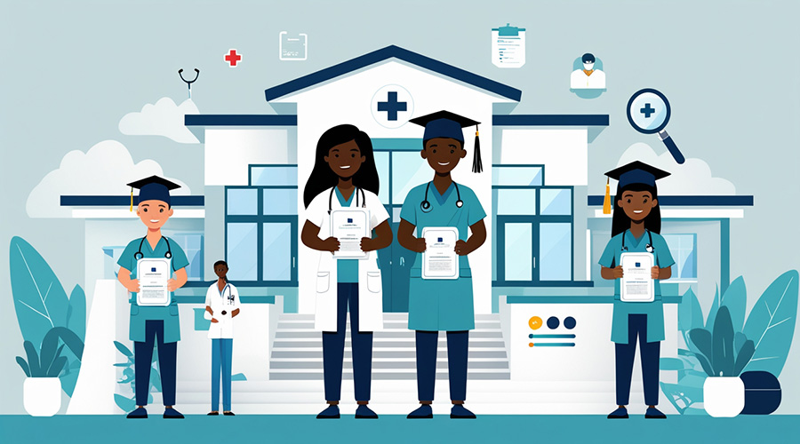 An-illustration-of-short-medical-course-graduates-standing-infront-of-medical-training-facility-holding-certificates.health-courses-without-a-degree-in-Kenya