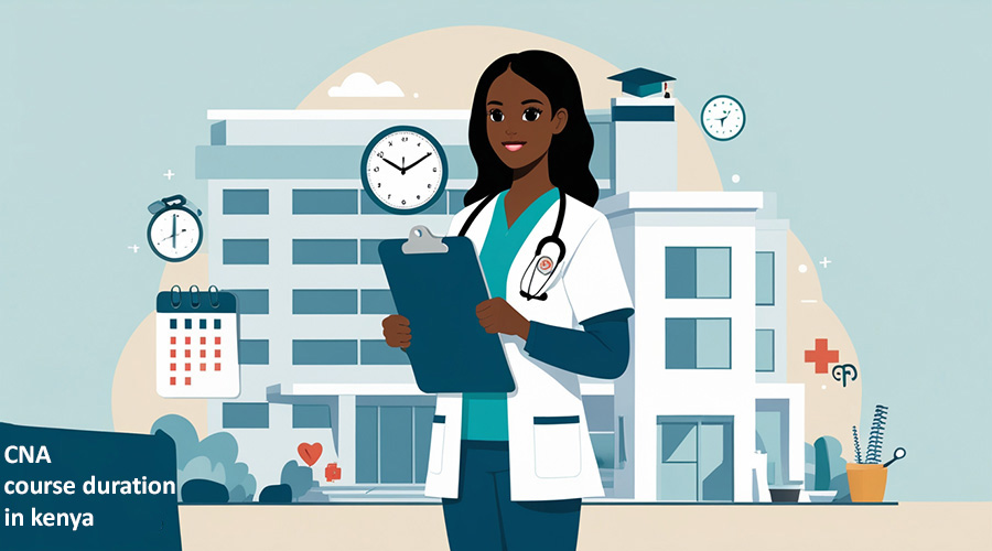 A_minimal_flat_illustration_of_a_Kenyan_CNA_student_holding-a-clipboard-with-a-clock-and-gruaduation-cap-in-the-background.CNA-course-duration-kenya