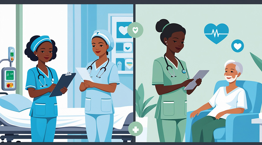 an-illustration-of-a-CNA-professional-on-one-side-and-a-cargiver-professional-on-the-other-side-depicting-difference-between-the-two-careers.CNA-vs-caregiver-course-in-Kenya.