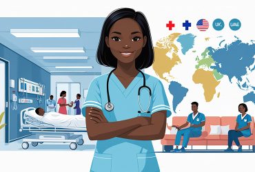 an illustration show a confident kenyan CNA student with a hospital and world map in the background depicting job opportunitiees. career paths after CNA course in Kenya. an-illustration-show-a-confident-kenyan-CNA-student-with-a-hospital-and-world-map-in-the-background-depicting-job-opportunitiees.-career-paths-after-CNA-course-in-Kenya
