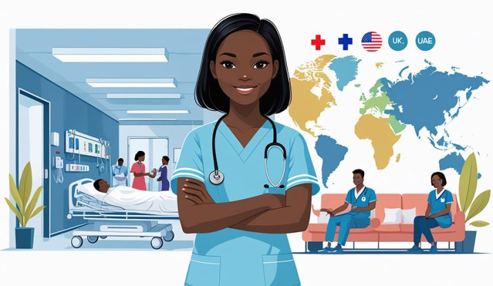 an-illustration-show-a-confident-kenyan-CNA-student-with-a-hospital-and-world-map-in-the-background-depicting-job-opportunitiees.-career-paths-after-CNA-course-in-Kenya