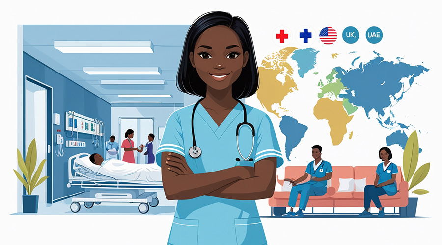 an-illustration-show-a-confident-kenyan-CNA-student-with-a-hospital-and-world-map-in-the-background-depicting-job-opportunitiees.-career-paths-after-CNA-course-in-Kenya