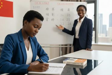 An african student writing on a notepad in a classroom with a whiteboard with chinese characters and a professional tutor beside it-Mandarin Language Course in Kenya