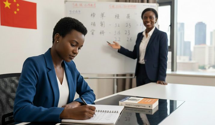 An african student writing on a notepad in a classroom with a whiteboard with chinese characters and a professional tutor beside it-Mandarin Language Course in Kenya