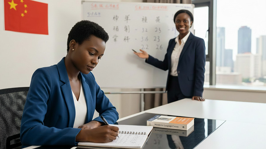 An african student writing on a notepad in a classroom with a whiteboard with chinese characters and a professional tutor beside it-Mandarin Language Course in Kenya