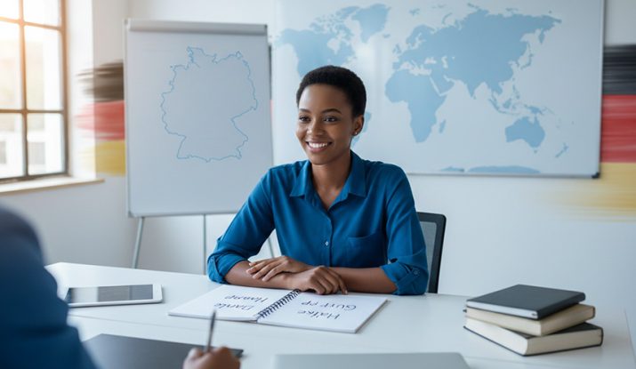 a photo of a happy kenyan student studying german in class with german flag in the background. German language course in kenya for work abroad