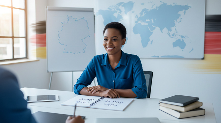 a photo of a happy kenyan student studying german in class with german flag in the background. German language course in kenya for work abroad