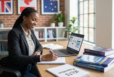 an African woman sitting behind a desk with an open laptop and a book written IELTS. English Course for IELTS for Work and Study Abroad in Kenya.