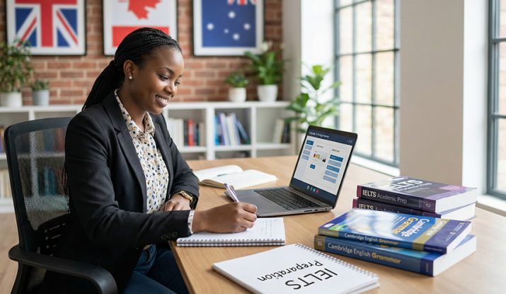 an African woman sitting behind a desk with an open laptop and a book written IELTS. English Course for IELTS for Work and Study Abroad in Kenya.