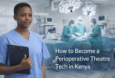 A confident perioperative theatre tech student waering medical scrubs in a theatre room. how to become a perioperative theatre tech in Kenya.