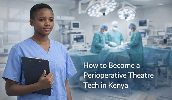 A confident perioperative theatre tech student waering medical scrubs in a theatre room. how to become a perioperative theatre tech in Kenya.
