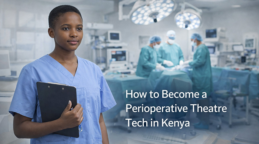 A confident perioperative theatre tech student waering medical scrubs in a theatre room. how to become a perioperative theatre tech in Kenya.