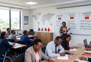 A diverse group of kenyan student in a classroom listening to a professional tutor with a whiteboard written in english german and mandarin. Best place to study languages in Kenya. A diverse group of kenyan student in a classroom listening to a professional tutor with a whiteboard written in english german and mandarin. Best place to study languages in Kenya.