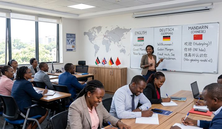 A diverse group of kenyan student in a classroom listening to a professional tutor with a whiteboard written in english german and mandarin. Best place to study languages in Kenya.