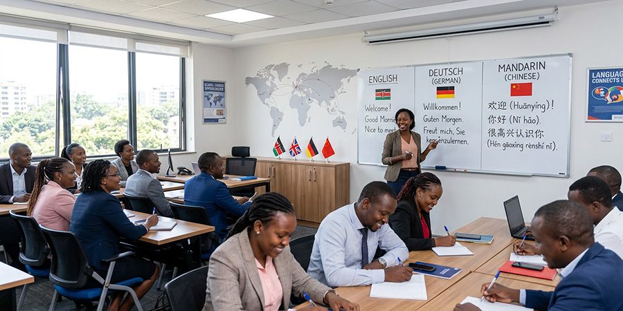 A diverse group of kenyan student in a classroom listening to a professional tutor with a whiteboard written in english german and mandarin. Best place to study languages in Kenya.