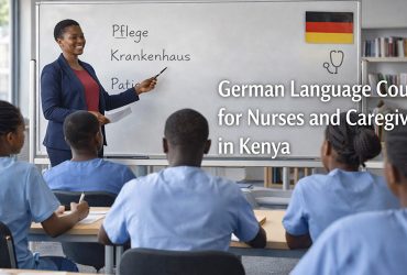 A group of Kenyan nursing and caregiver students seated at desks during a german language lesson. German language course for nurses and caregivers in Kenya