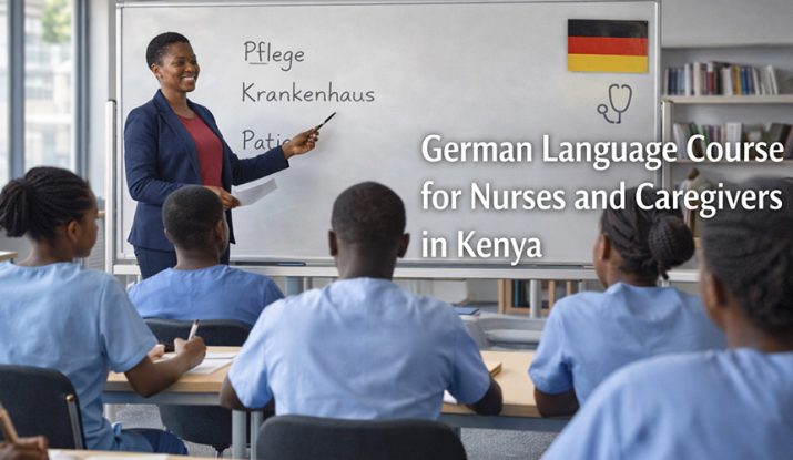 A group of Kenyan nursing and caregiver students seated at desks during a german language lesson. German language course for nurses and caregivers in Kenya