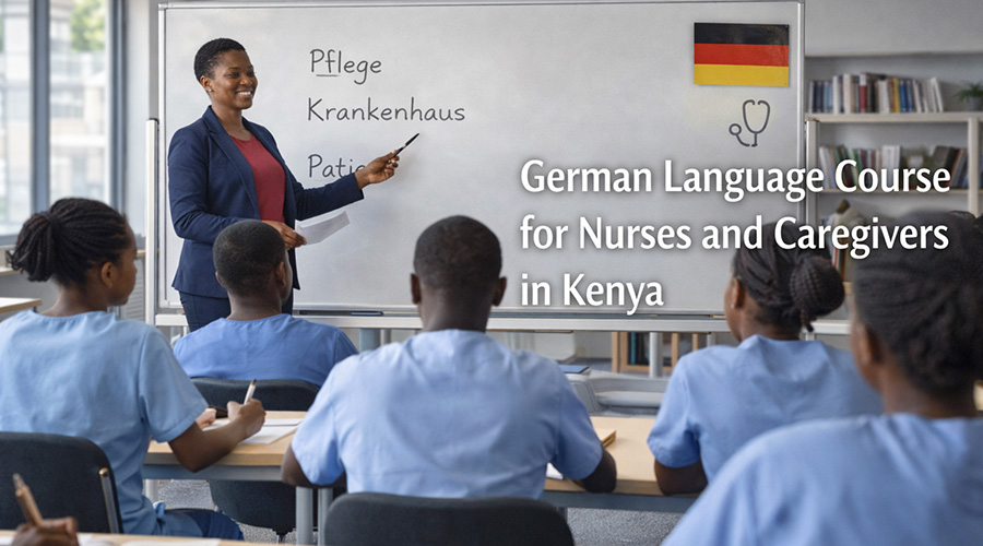 A group of Kenyan nursing and caregiver students seated at desks during a german language lesson. German language course for nurses and caregivers in Kenya