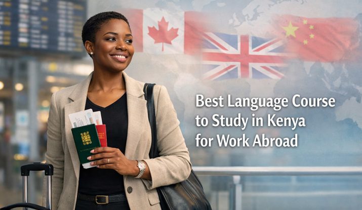An image showing a confident young Kenyan professional standing at an airport departure terminal holding a passport and travel documents. Best Language Course to Study in Kenya.