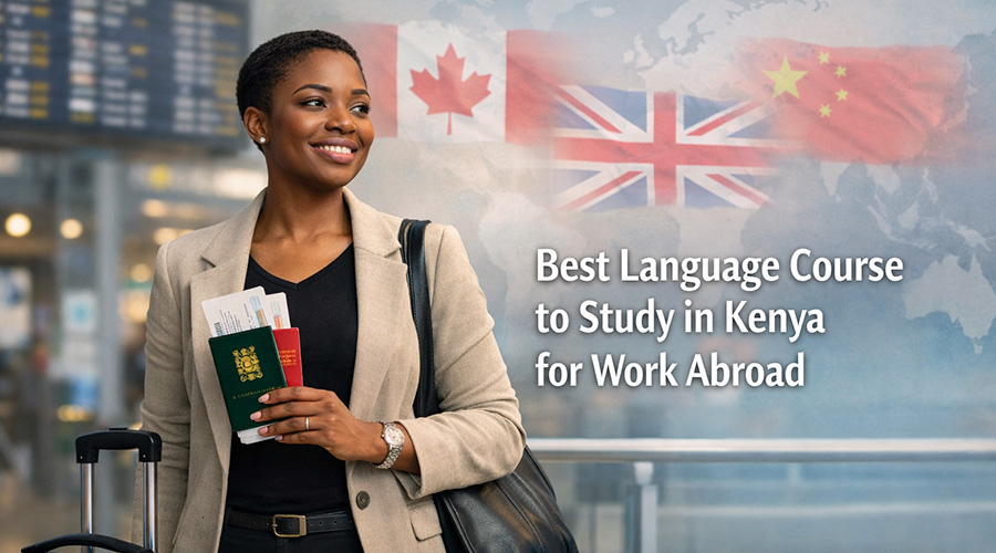 An image showing a confident young Kenyan professional standing at an airport departure terminal holding a passport and travel documents. Best Language Course to Study in Kenya.