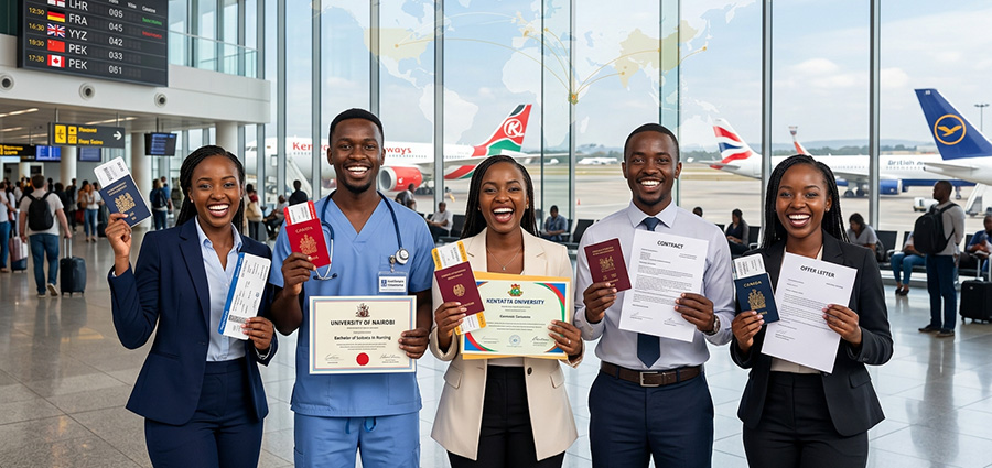 a group successful Kenyan graduates celebrating career opportunities abroad in an airport after completing a language course. Best place to study languages in Kenya.
