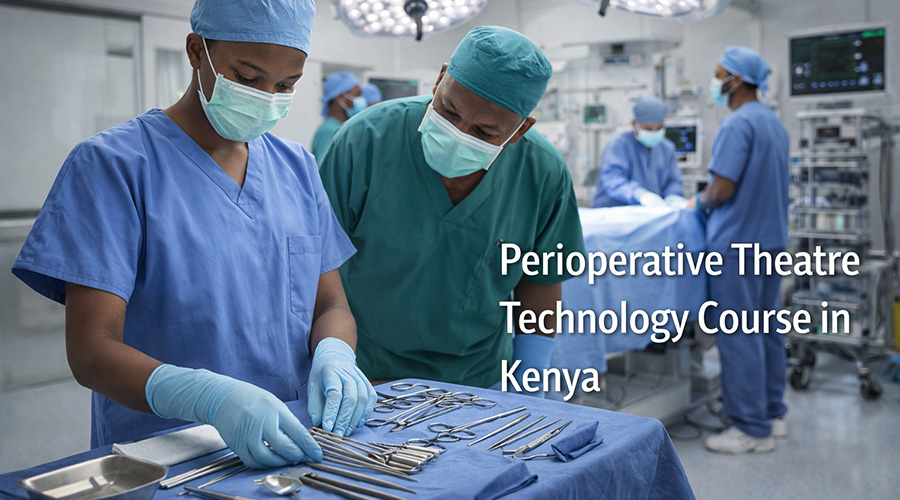 a photo of a kenyan perioperative theatre technology student assisting in a surgical enviroment. Perioperative Theatre Technology Course in Kenya.