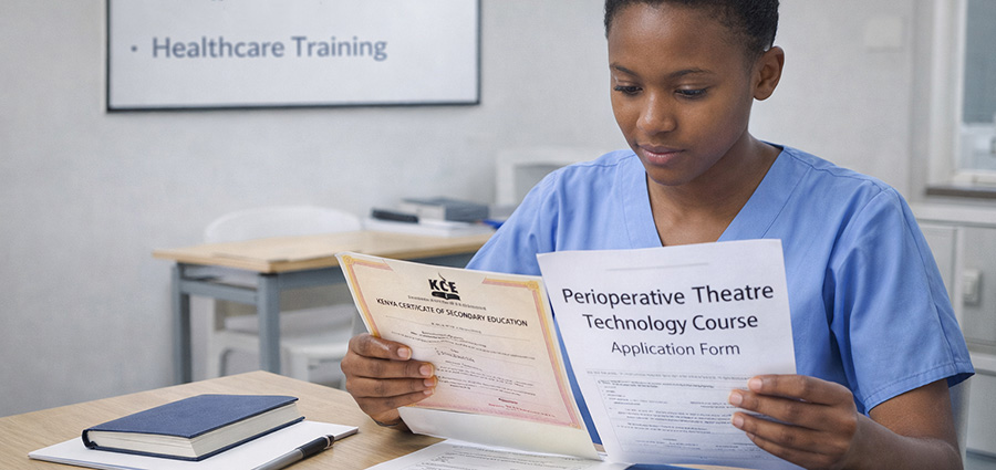 a photo of a kenyan student holding a kcse certificate and a form written perioperative theatre technology course. Entry requirements for perioperative theatre technology.
