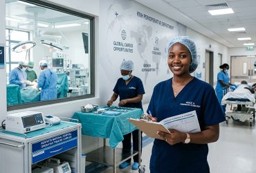 a confident Kenyan perioperative theatre tech professional wearing clean surgical scrubs stands in a modern hospital corridor, holding a clipboard and looking focused. career opportunities after perioperative theatre technology course in Kenya.