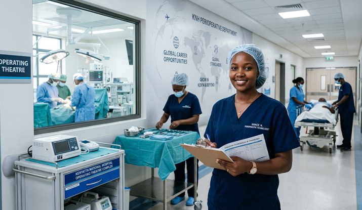 a confident Kenyan perioperative theatre tech professional wearing clean surgical scrubs stands in a modern hospital corridor, holding a clipboard and looking focused. career opportunities after perioperative theatre technology course in Kenya.