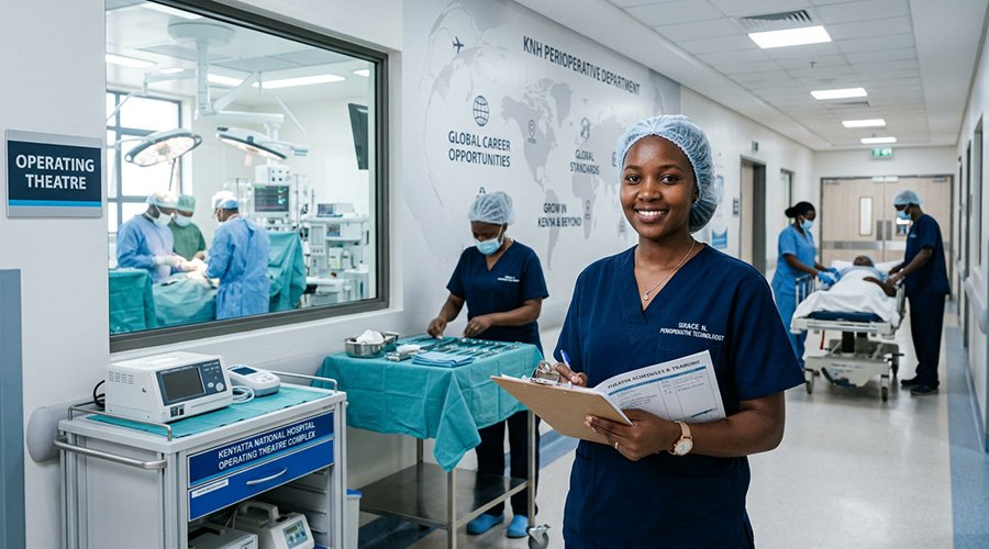 a confident Kenyan perioperative theatre tech professional wearing clean surgical scrubs stands in a modern hospital corridor, holding a clipboard and looking focused. career opportunities after perioperative theatre technology course in Kenya.