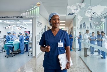 a confident Kenyan perioperative theatre technologist wearing clean surgical scrubs stands in a modern hospital corridor holding a clipboard and looking successful and career-focused. Perioperative Theatre Technology Salary in Kenya and Abroad.