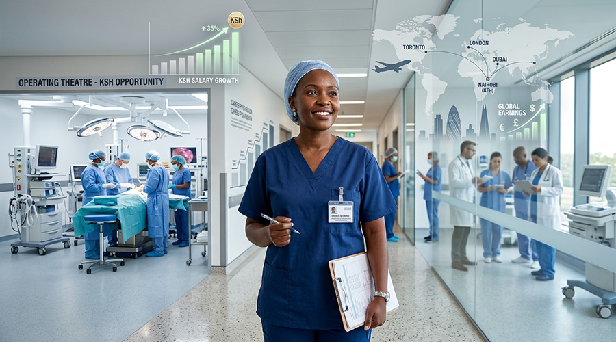 a confident Kenyan perioperative theatre technologist wearing clean surgical scrubs stands in a modern hospital corridor holding a clipboard and looking successful and career-focused. Perioperative Theatre Technology Salary in Kenya and Abroad.