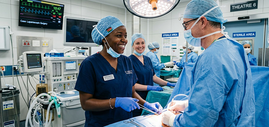 a photo of a happy kenyan perioperative theatre tech working abroad in a theatre with white colleagues in a surgical environment to showcase career abroad. career opportunities after perioperative theatre technology course in Kenya.