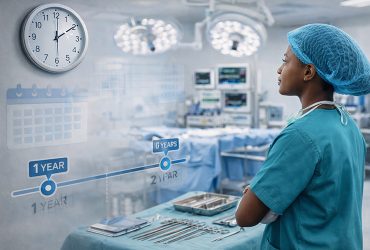 a perioperative theatre technology student in surgical scrubs standing inside a clean operating theatre looking at a wall clock. Perioperative Theatre Technology Course duration in Kenya. a perioperative theatre technology student in surgical scrubs standing inside a clean operating theatre looking at a wall clock. Perioperative Theatre Technology Course duration in Kenya.