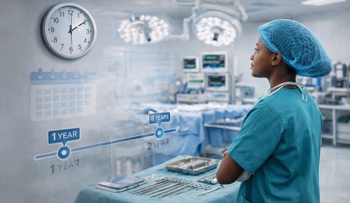 a perioperative theatre technology student in surgical scrubs standing inside a clean operating theatre looking at a wall clock. Perioperative Theatre Technology Course duration in Kenya.