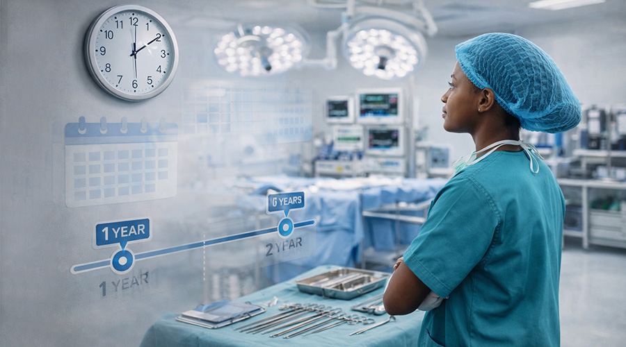 a perioperative theatre technology student in surgical scrubs standing inside a clean operating theatre looking at a wall clock. Perioperative Theatre Technology Course duration in Kenya.
