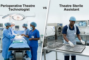 split-scene-healthcare-image-comparing-two-career-paths-in-Kenya.On the left side, a perioperative theatre technologist is shown inside a modern operating theatre and On the right side, a theatre sterile assistant is shown in a sterilization room.-Perioperative-Theatre-Technology-vs-Theatre-Sterile-Assistant-Course-in-Kenya.